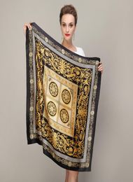 Black Gold Square Scarves 2015 Fashion Ladies Pure Silk Scarf Shawl Autumn Winter 100 Mulberry Silk Female Scarves 9090cm S10207010668