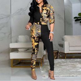 Women's New Coloured Printed Long Sleeve Polo Collar Shirt Casual Pants Two Piece Set