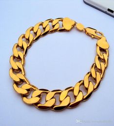 24K GF Stamp Yellow real Gold 9quot 12mm Mens Bracelet Curb Chain Link Jewelry 100 real gold not the real Gold not money1802717