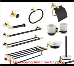 Bathroom Hardware Set Black Robe Hook Gold Towel Rail Bar Rack Bar Ring Shelf Tissue Brass Paper Holder Toothbrush Holder Brush Rp4518028