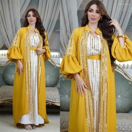 Ethnic Clothing Moroccan Caftan Luxury Sequins Lantern Sleeve 2 Pieces Dress Abaya Muslim Sets Ramadan Dresses For Women Eid Jalabiya Dubai