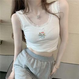 Women's Tanks Ribbed Tank Women Halter Vest Fashion Sexy Female Lace Basic Korean Style Camisole Clothes Summer Sweet Embroidery Pink Top