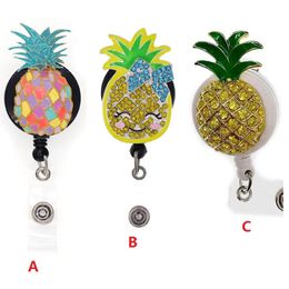 Cartoon Key Rings Fruit Pineapple Rhinestone Retractable ID Holder For Nurse Name Accessories Badge Reel With Alligator Clip244h