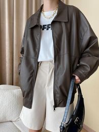 Women's Jackets Loose Fit PU Leather Black Brown Big Size Jacket Lapel Long Sleeve Women Coat Fashion Tide Spring Autumn X738