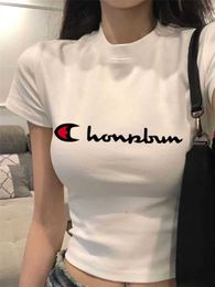 Cute Champion White Shoulder Short sleeved T-shirt Womens Summer Spicy Girl Slim Fit Naked Short Tight Top T-shirt Summer Trendy