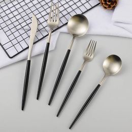 Dinnerware Sets Silverware Cutlery Set Stainless Steel 5Pcs/set Matte Golden Kitchen Dinning Tableware Dessert Spoons Fork Table