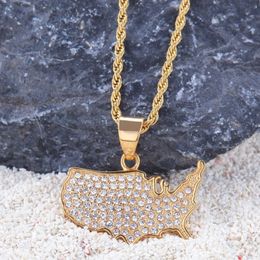 Fashion-Hip hop Iced out map of America shape Pendant Necklaces Stainless Steel fashion popular Hiphop Charm Necklace Jewellery gift1883