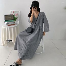 Casual Dresses IHOBBY Cotton Linen Plaid Maxi Dress V Neck Three Quarter Sleeve Ankle Length Loose Large Pullover BF Vestidos