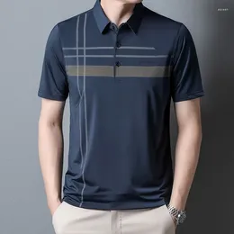 Men's Polos 2024 Summer Lapel Vertical Stripe Ice Mercerized Short-sleeved T-shirt