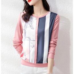 Women's Blouses Autumn Cardigans Women Satin Printed Knitted Tops Vintage Female Femme Knitting Coats