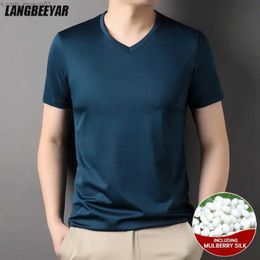 Men's T-Shirts Top Grade 1.7% Mulberry Silk New Summer Brand Tops V Neck t Shirts For Men 2023 Short Sleeve Casual Fashion Mens ClothingL2402