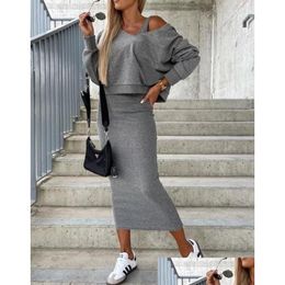 Basic Casual Dresses Womens Fashion Two Piece Dress Set Sexy Deep V-Neck Top Mid-Calf 2023 Autumn Winter Outfit Drop Delivery Appa Dh5Rw