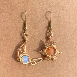 Dangle Earrings Bohemia Sun Moon Moonstone Asymmetry Drop For Women Cold Silver Color Natural Stone Geometric Jewelry Gifts