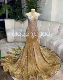 Champagne Gold Long Prom Dresses 2024 Mermaid Sheer O-neck Sleeveless Beaded Black Girl Evening Gala Formal Gown