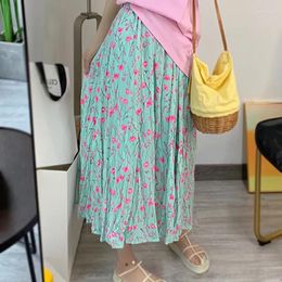 Skirts Folds Blue Floral Skirt Summer A-Line High Waist Beach Holiday Midi Casual Korean Fashion Mujer Faldas