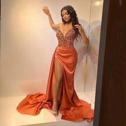 orange Saudi Arabia Beads Evening Party Dresses deep v neck Satin Mermaid Sequines Women Prom Gowns Sexy high side Slit Pageant Dresses