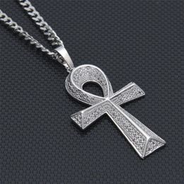 Iced Out Zircon Ankh Key Pendant Golden Jewellery CZ Cross Egyptian Key of Life Pendant Hip hop Necklace For Men Women223Q