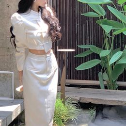 Two Piece Dress Women's Chinese Style Button Suit Coat Wrap Hip Half Skirt Set Vintage Standing Collar