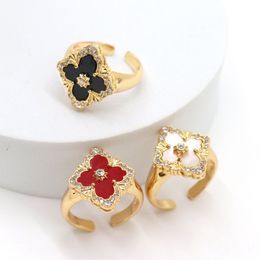 Natural Shell Clover Luxury Designer Bang Rings for Women with Shining Bling Crystal Lucky 18K Gold Open love Ring Jewelry2257