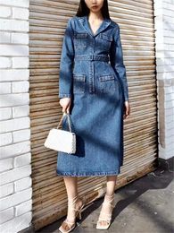 Casual Dresses Women's Notched Collar Midi Length Denim Dress Multi-Pockets 2024 Spring Ladies Long Sleeve Robe With Sashes