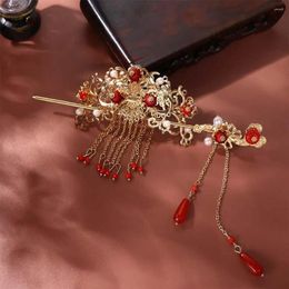 Hair Clips Headwear Elegant Tassel Pearl Beaded Bridal Women Sticks Korean Hanfu Hairpins Chinese Fork Wedding Headdress