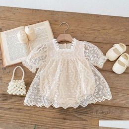 Rompers Ins Summer Baby Girls Lace Embroidery Romper Dress Toddler Kids Square Collar Puff Sleeve Jumpsuits Born Kid 1St Birthday Pa Dhh57