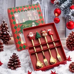 Dinnerware Sets Christmas Gift Stainless Steel Dessert Spoon Santa Claus Couple Holiday Golden Fruit Fork Romantic Long Handled