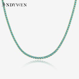 Necklaces Andywen Sterling Sier Gold 2mm Turquoise Tennis Cz Chain Necklace Summer Long Chain Choker Crystal Fine Jewellery