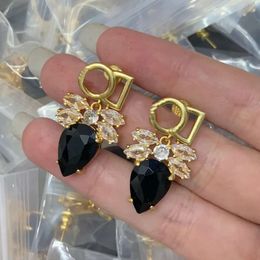Gold Letter Crystal with Black Gem Pendant Earrings Metal Alphabet Embed Zirconia Women's Ear Studs Earring Hoop & Hie Banquet Festive Party Gifts HDER5 --06