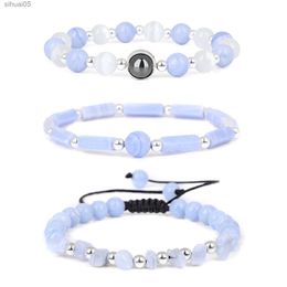 Beaded 3Pcs/Set Natural Agates Bracelet Set For Women Men Healing Stone Beads Bracelet Blue Lace Agates Bangles Female Jewellery Yoga YQ240226