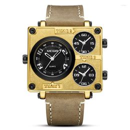 Wristwatches Genuine Leather Men's Watch Square Vintage Multi-time Zone Large Dial Waterproof
