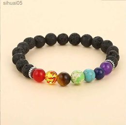 Beaded 1PC Natural Volcanic Rock Stone Men Bracelets Reiki Healing Beads Bracelet Black Lava Stretch Mala Buddha Bangles F1723 YQ240226