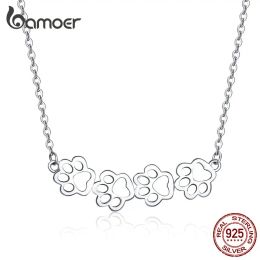 Necklaces bamoer Dog and Cat Paw Silver Choker Necklace for Women 925 Sterling Silver Cat Pet Footprint Short Neckalces Accessories SCN346