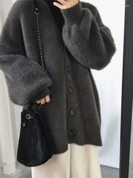 Women's Knits Flare Sleeve Women V-neck Cardigan 2024 Autumn Winter Casual Simple Loose Sweater Jacket Solid Colour Female Fur Coat