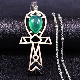 Egyptian Cross Stainless Steel Green Stone Charm Necklace For Women Silver Colour Jewellery Collier Femme NXS04 Pendant Necklaces2029