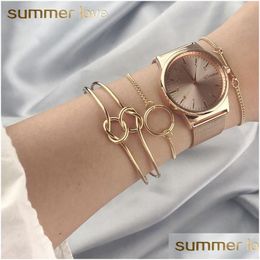 Bangle New 3Pcs Set Womens Fashion European Bracelet Simple Double Knot Loop Metal Chain Geometry Bohemian Jewellery Wholesal Dhgarden Dh4Xf