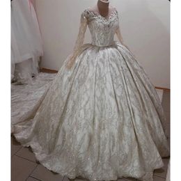 Stunningbride 2024 White Luxury Ball Gown Wedding Dress Sheer Neck Beaded Long Sleeve Plus Size Lace Appliqued Bridal Gowns Custom Made