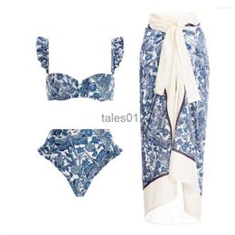 Women's Swimwear Swimwear Designer 2023 Women Sexy Blue-and-white Porcelain Skirt Cover Lace 240226