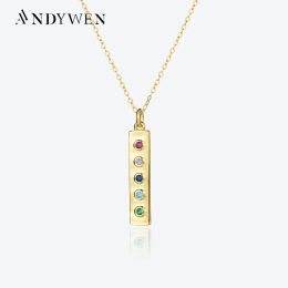 Necklaces ANDYWEN 925 Sterling Silver Gold Long Square Rainbow CZ Pendant Choker Necklace Winter 2022 Women Rock Punk Fine Jewelry Gift