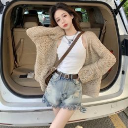 Cardigans Lucyever Khaki Hollow Out Knitted Cardigans Women Thin Sun Protection Long Sleeve Sweater Coat Korean Fashion Loose Cardigan