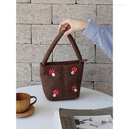 School Bags Autumn And Winter Cute Down Bag Mushroom Embroidery Japanese Style Small Capacity Handbag Women Go Out To Work Carryin