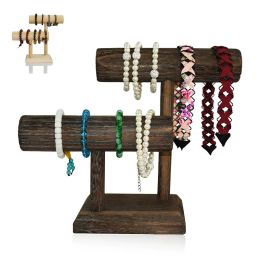 Necklaces 2Tier Jewellery Stand Organizer, Wooden TBar Necklace and Bracelet Holder Display for Accessories