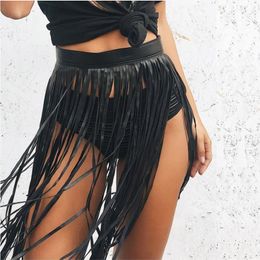 Boho Women Sexy Tassel Leather Skirts Punk Gothic Waistband Long Fringe Black High Waist Belt Club Party Skirt1283J