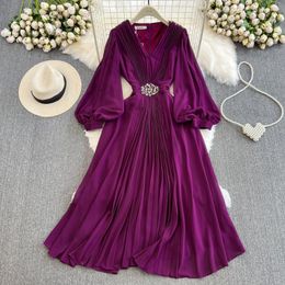 Casual Dresses Vintage Senior Sense V-neck Lantern Sleeve Nail Drill Women Waist Slimming Elegant Long Dress