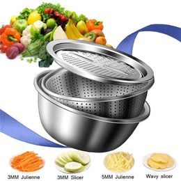 LMETJMA 3 in 1 Slicer Cutter Drain Basket Stainless Steel Vegetable Julienne Grater Salad Maker Bowl KC0410 201130243n