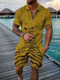 Men's Tracksuits Vintage 3D Print Men Polo Shirts 2pcs Set Zipper Lapel Sets Collar Shorts Hawaii Holiday Style Fashion Man Clothing
