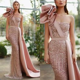 Stunning Pink Sequined Prom Dresses Flowers One Shoulder Mermaid Evening Gowns Formal Prom Party Dress