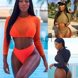 Women's Swimwear Two Piece Summer Sexy Women Mesh Long Sleeve High Waist Push Swimwear Bra+Bottom+Cover 240226