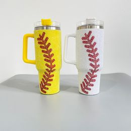 White yellow baseball print rhinestone bling full wrap studded 40oz vacuum insulated Stainless Steel Coffee tumbler with handle lid and straw