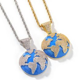 ICED OUT CZ BLING BLUE EARTH PENDANT NECKLACE MENS Micro Pave Cubic Zirconia Simulated Diamonds Necklace284f